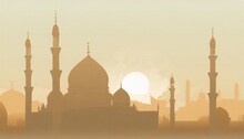 Vector Illustration Of An Islamic Skyline At Sunset With Mosque Domes And Minarets Generative Ai