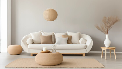 Wall Mural - Modern home interior design with white sofa coffee table carpet and accessories in neutral colors