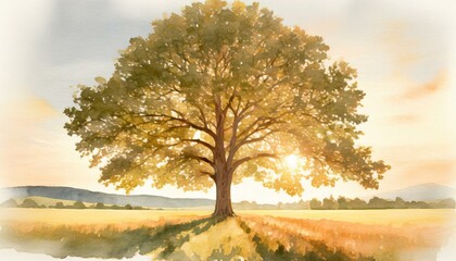 Wall Mural - hand drawn watercolor illustration of deciduous oak tree generative ai