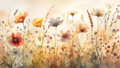Canvas Print - watercolor floral seamless pattern with colorful wildflowers plants and grass panoramic horizontal border isolated illustration meadow in vintage style