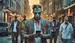 Zombies with Mobile Phones walking on city street