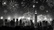 A city skyline with fireworks in the background. The fireworks are lit up in the night sky, creating a festive atmosphere. The city is lit up with lights, giving it a vibrant and lively appearance