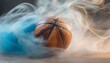 basketball with vibrant blue smoke swirling around it in a dynamic action shot artistic and original sport banner ai