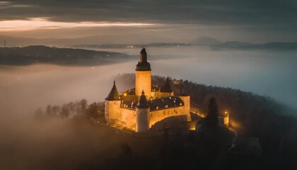 Wall Mural - mysterious castle shrouded in fog at night seen from above