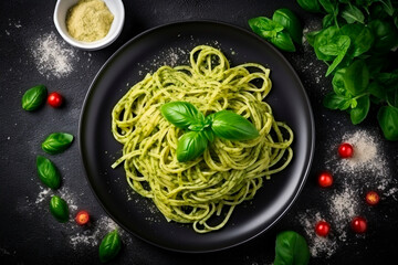 Wall Mural - Top view, green pasta in a plate with pesto sauce.