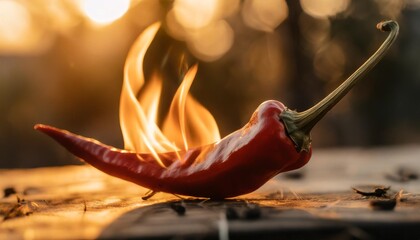 Wall Mural - a close up capture of a fiery red chili pepper with flames dancing along its edges