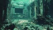 A dark, murky underwater scene with a sunken building in the background. The water is murky and the building is covered in debris
