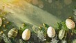 festive easter frame of green and white patterned eggs nestled among fresh evergreen branches on a soft green background
