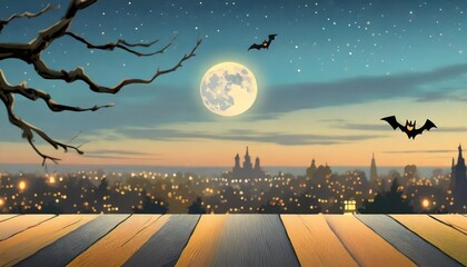Wall Mural - moonlit wood and city scene halloween background in the style of light black and sky blue
