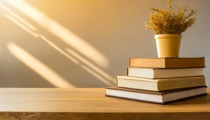 Wall Mural - books and plant on wooden table with copy space education background