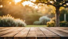 Empty Wooden And Blurred Green Nature Garden Background
