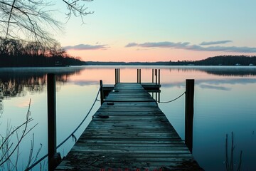 Sticker - Dawn Senary, A serene lakeside dock at dawn, lit by the soft hues of sunrise, AI generated