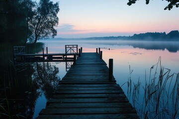 Sticker - Dawn Senary, A serene lakeside dock at dawn, lit by the soft hues of sunrise, AI generated