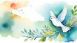 Watercolor illustration of white Dove of Peace and olive tree twig on pastel blue sky background