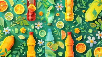 Wall Mural - A flat vector illustration of a green background with many colorful plastic bottles