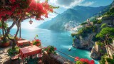 Fototapeta  - Idyllic coastal view from a terrace with blooming flowers and sea landscape, perfect for a relaxing getaway concept. 