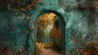 An enchanting autumnal pathway framed by an old, rustic, circular doorway overgrown with ivy and foliage in a surreal landscape. 