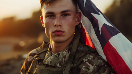 Sticker - A male soldier with a clean-shaven face and a uniform stands against a military base background