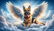 German Shepherd dog as a guardian angel in the sky - A majestic German Shepherd with outspread wings symbolizes strength and guidance on a divine backdrop of clouds