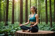 © ThomasLENNE - Side view of woman sitting on tree stump in Lotus pose and doing yoga with closed eyes while enjoying woods