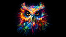 Abstract Colorful Illustration Of Owl On Black Background. Colorful Explosion And Vibrant Feathers.