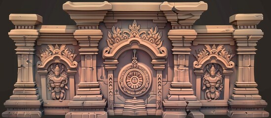 Sticker - A creative arts piece depicting a 3D model of a wooden wall with a crown on it, showcasing the history and ancient beauty of holy places through building material and symmetry