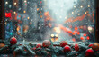Christmas background with balls. Huge foggy and snow covered window with Christmas decorations. Holiday time. Christmas decorations