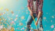 A rich man with a shovel will rake in a lot of gold, gold coins. Wealth, inheritance, lucky person, big earnings financial flow. On blue background