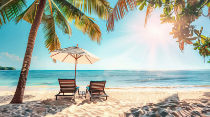 Wall Mural - Deckchairs and Parasol Beneath Swaying Palm Trees