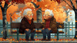 Elderly friends sharing stories on a park bench, a moment of friendship and laughter captured in vivid detail