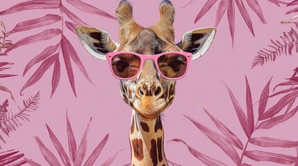 Canvas Print - A giraffe wearing sunglasses and a pink shirt