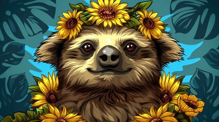 Canvas Print - A cute brown sloth with a flower crown on its head