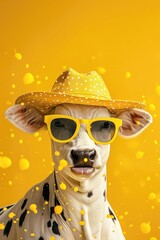 Wall Mural - A cow wearing sunglasses and a hat is standing on a yellow background