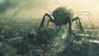 A giant insect towering over a crumbling cityscape, its massive legs crushing buildings