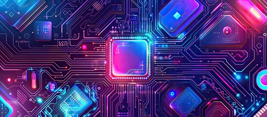 Poster - A detailed closeup shot of a violet and electric blue circuit board featuring a square in the center. This hightech design is perfect for engineering or entertainment events in the city