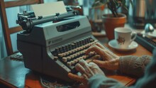 Nostalgic Closeup Of An Old Man Typing Letters Using An Old-fashioned, Quirky And Antique Typewriter Accompanied By A Cup Of Tea