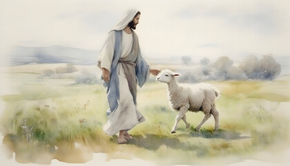 Wall Mural - Watercolor painting of Jesus Christ walking with a lamb in an impressionist style.