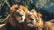 Pair of adult Lions in zoological garden. Male and Female Lion Sitting together. Majestic African animals couple. Wild pride leos. Africa fauna. Big cats kings of animals. Savannah safari park trip.