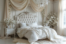 A White Bed With A White Velvet Headboard, Beige Curtains And Wall Hangings, A Luxurious Bedroom With Many Floral Arrangements, A White Fur Rug On The Floor. Created With Ai
