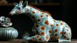 Porcelain vase in the form of a giraffe, side light, day, chiaroscuro, gold border