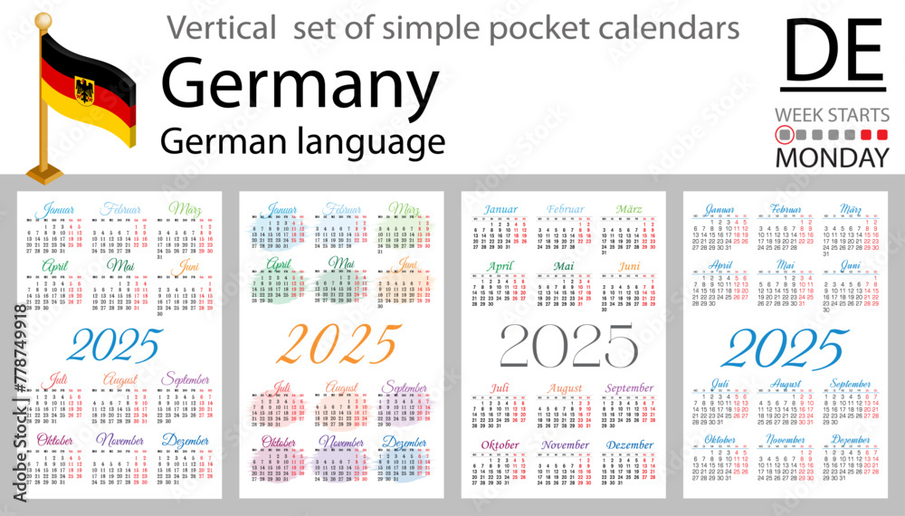 German vertical set of pocket calendar for 2025. Week starts Monday ...