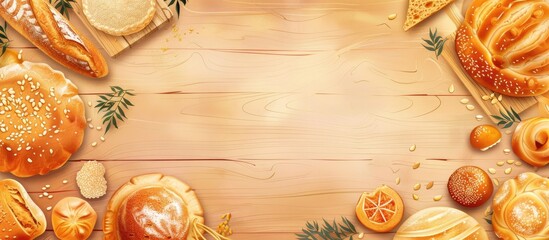 Wall Mural - Various types of bread are displayed on a rustic wooden table, enhancing the warm tones of amber, orange, and yellow. The setting creates an artistic scene perfect for an event or a recipe photoshoot