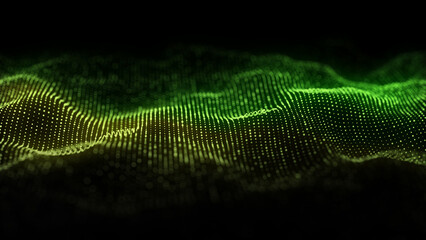 Poster - Dynamic green wave of particles. Abstract futuristic background. Big data visualization. 3D rendering.