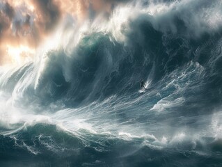 Leinwandbilder - A powerful painting depicting a massive wave crashing in the open ocean, capturing the dynamic force of the water.