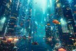 Futuristic Fish Metropolis with marine life in a vibrant underwater cityscape, featuring sleek skyscrapers and futuristic technology juxtaposed with colorful coral reefs and exotic sea creatures.