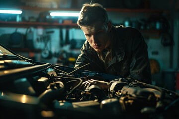 Aufkleber - A skilled mechanic carefully examines the car engine, intense focus on the complex task at hand in a well-equipped workshop