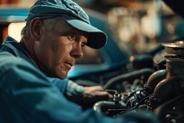 Aufkleber - An experienced mechanic studies the engine of a car with ultimate precision, surrounded by the tools of his trade in the garage