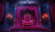 A dramatic red velvet throne chair with gold details sits on an empty stage, surrounded by ornate pink curtains. Created with Ai