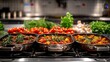   A variety of pots overflowing with dishes arranged on a stovetop alongside an assortment of vegetables