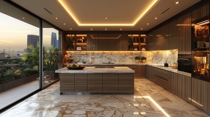 Wall Mural -   A sleek, contemporary kitchen boasting polished marble counters and panoramic views of the metropolis from the dining area of an urban skyscraper